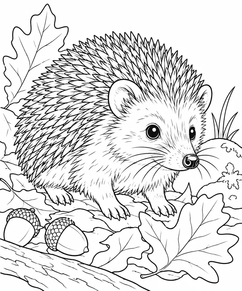 観察スケッチ：ハリネズミと落ち葉の塗り絵