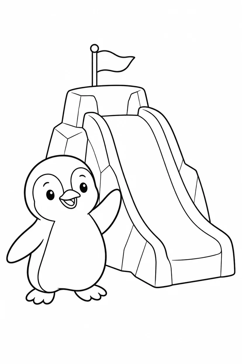 ペンギンと氷のすべり台の塗り絵