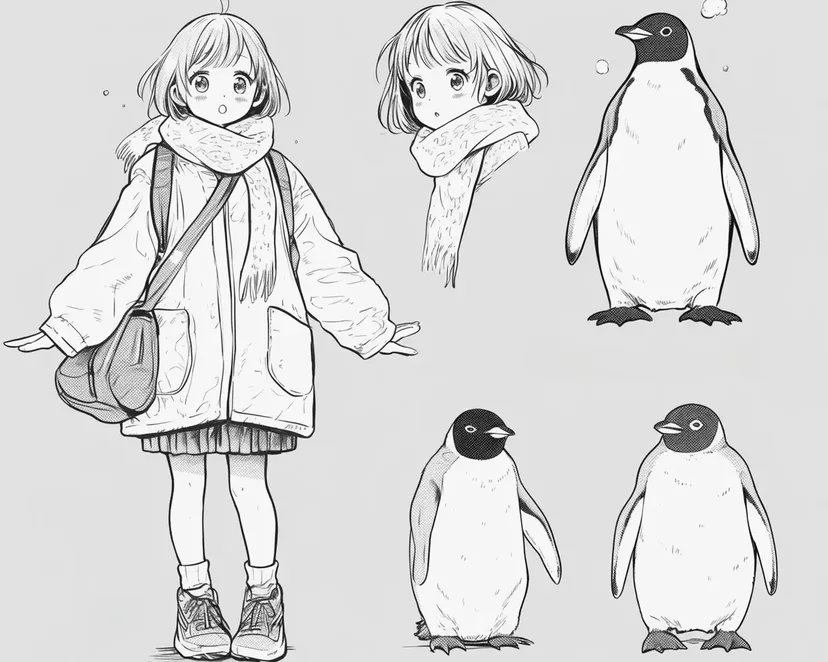 ペンギンと少女の出会いの塗り絵