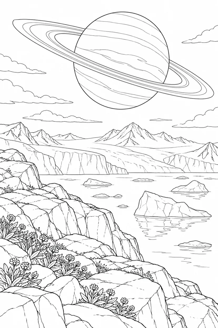 氷河と岩の岬と環のある惑星の塗り絵