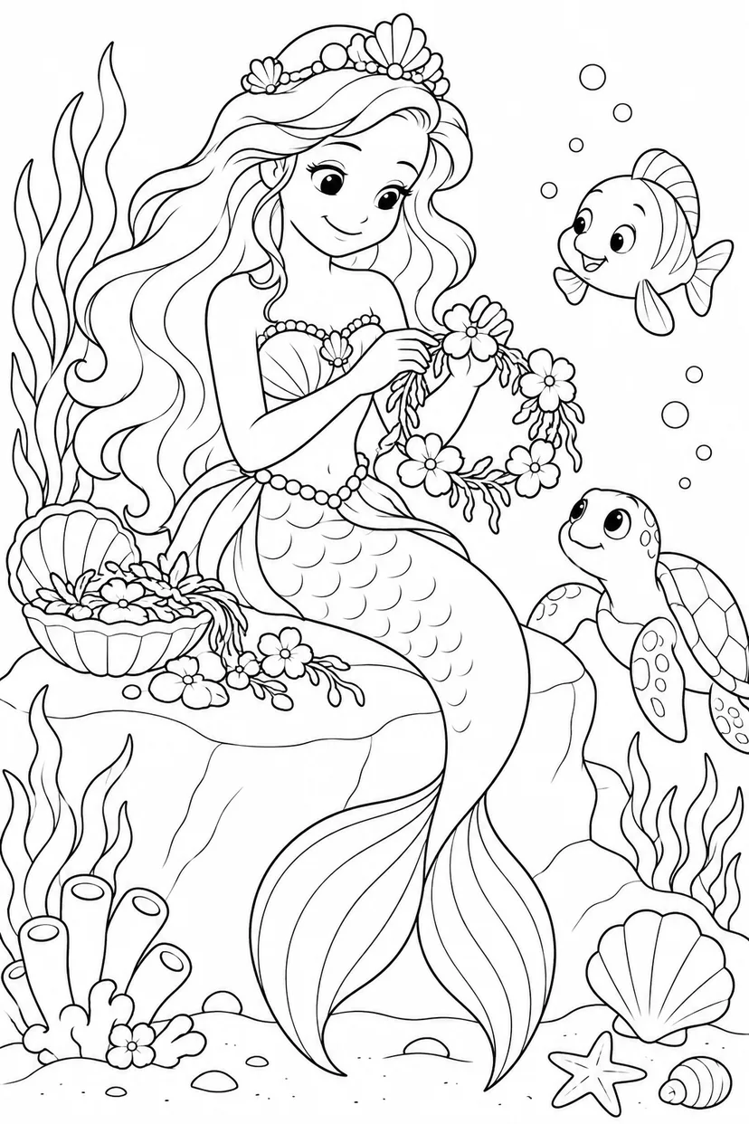 人魚姫：海の花かんむり作りの塗り絵