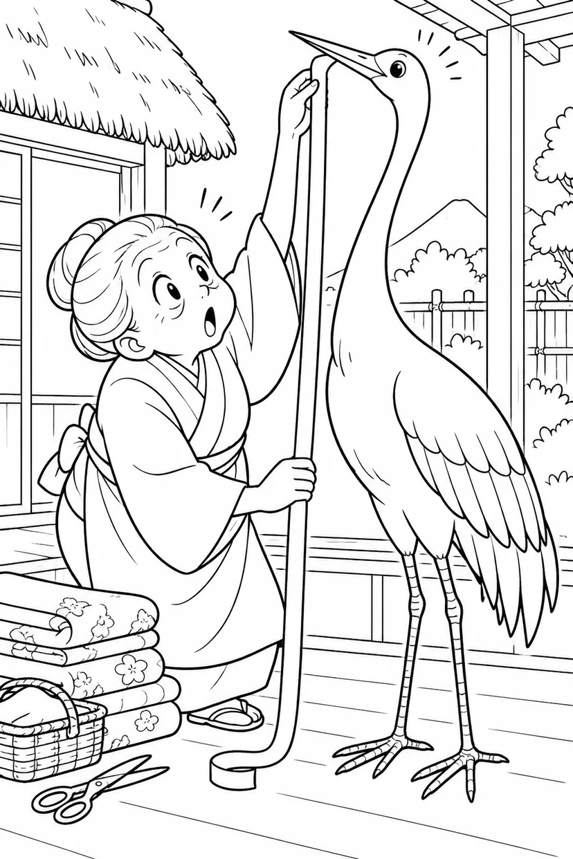 つるの恩返し：首の採寸が終わらないの塗り絵