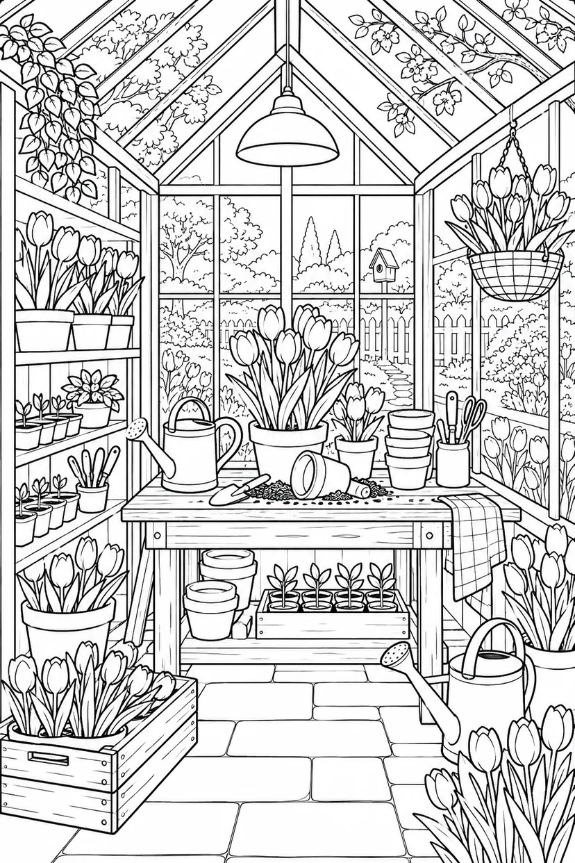春の温室の植物研究の塗り絵