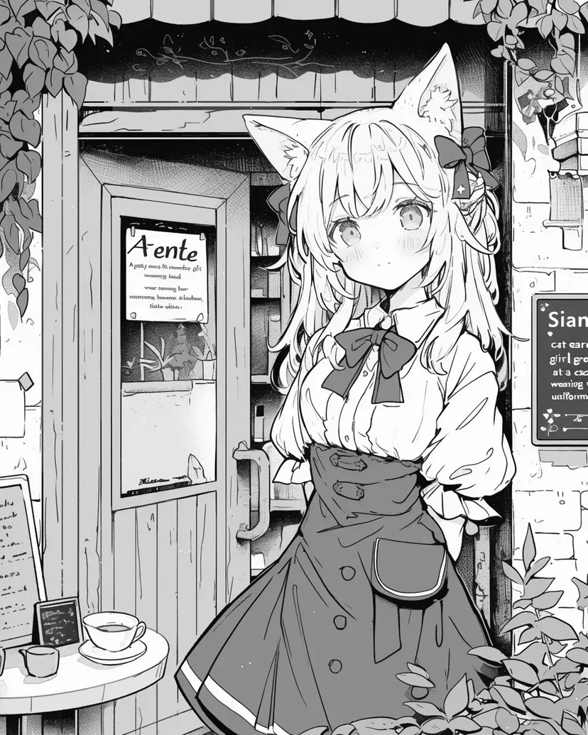 咖啡馆前的猫耳少女涂色页