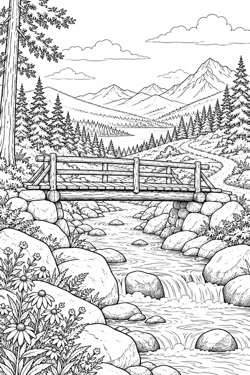 自然のひとこま：小川にかかる丸太橋の塗り絵