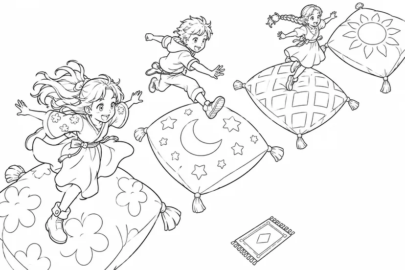 クッションの島で跳ぶ子どもたちの塗り絵