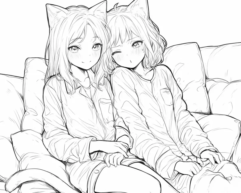 猫耳女孩的放松时光涂色页