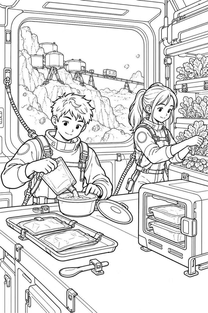 小惑星の岩山基地：宇宙食を作るキッチンの塗り絵
