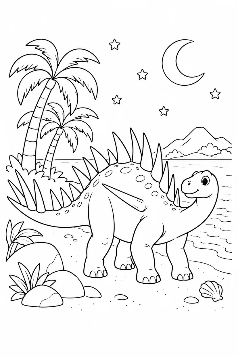 ケントロサウルスと月の砂浜の塗り絵