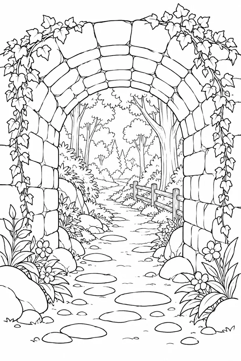 森へ続くアーチのトンネルの塗り絵