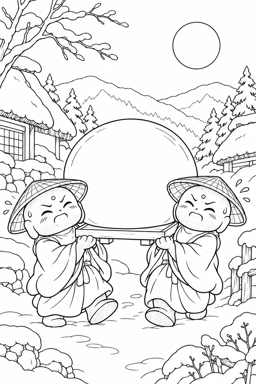 かさじぞう・おもち一個で力くらべの塗り絵