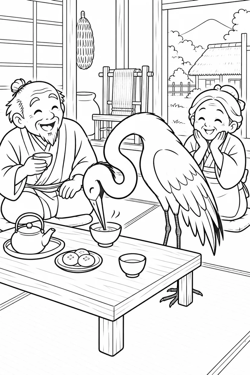 つるの恩返し：長い首でお茶に挑戦の塗り絵