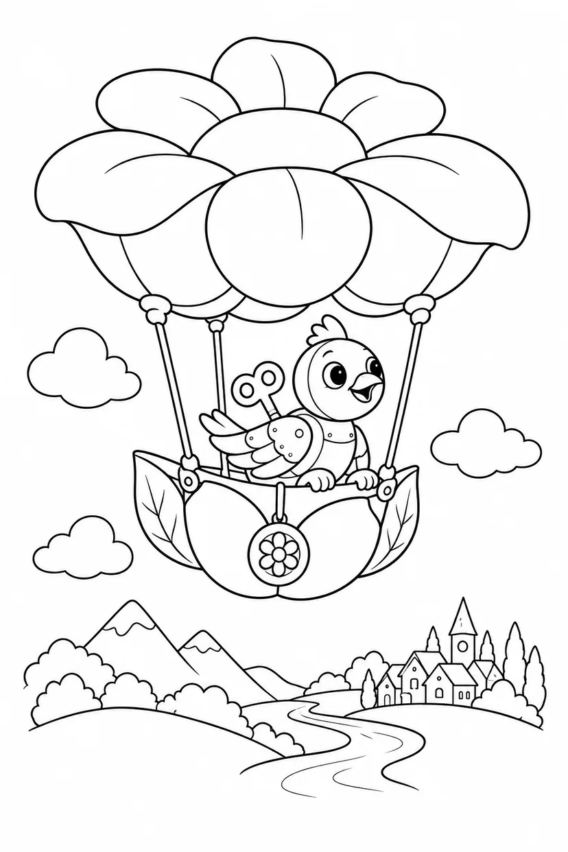 歯車の鳥と花の飛行船の塗り絵