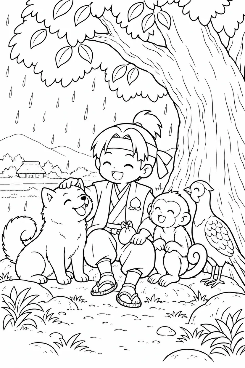 ほっこり桃太郎：桃太郎一行の雨宿りの塗り絵