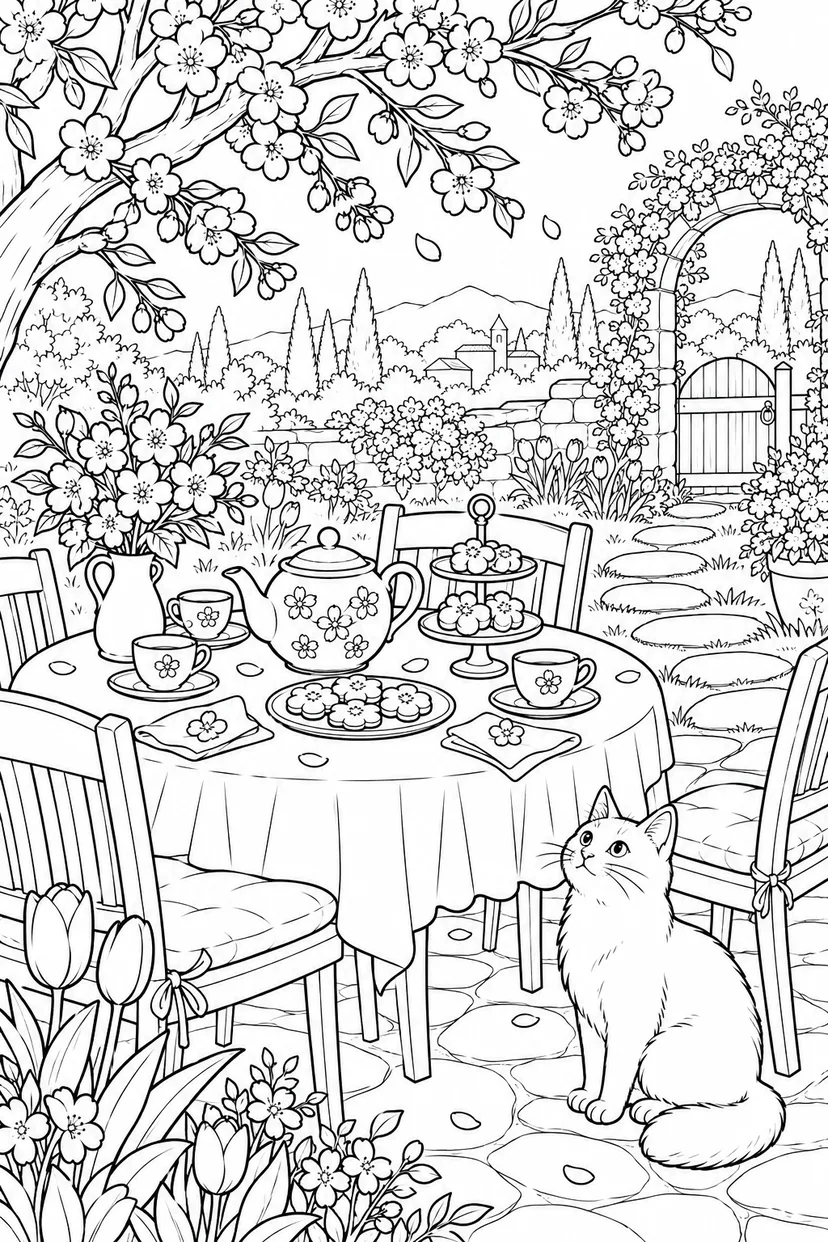 春の庭園のお茶の時間の塗り絵