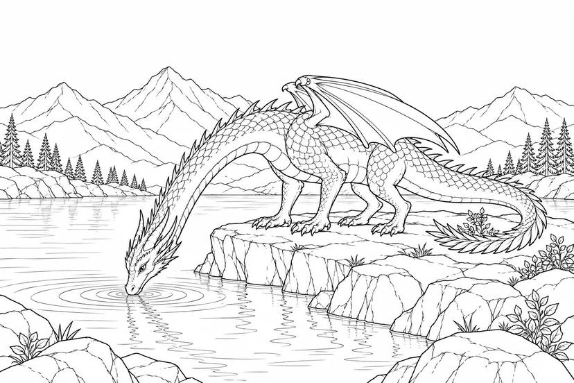 Coloriage Dragon buvant depuis une corniche