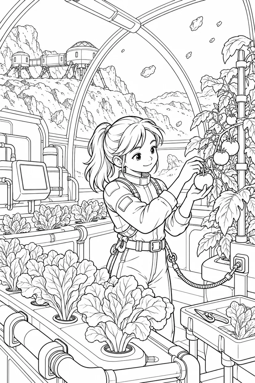 小惑星の岩山基地：野菜を育てる温室の塗り絵