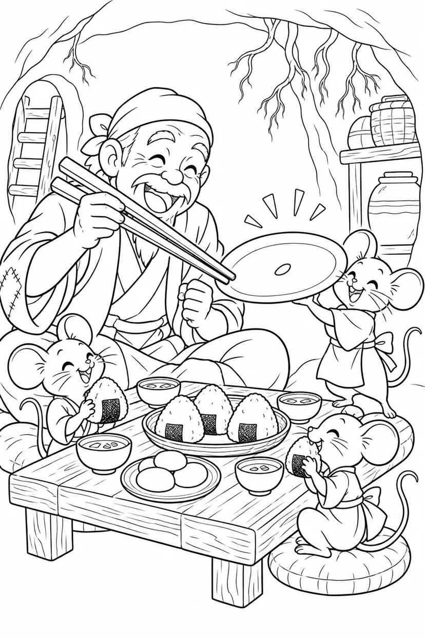 おむすびころりん・ギャグ：小さなごちそうの宴の塗り絵
