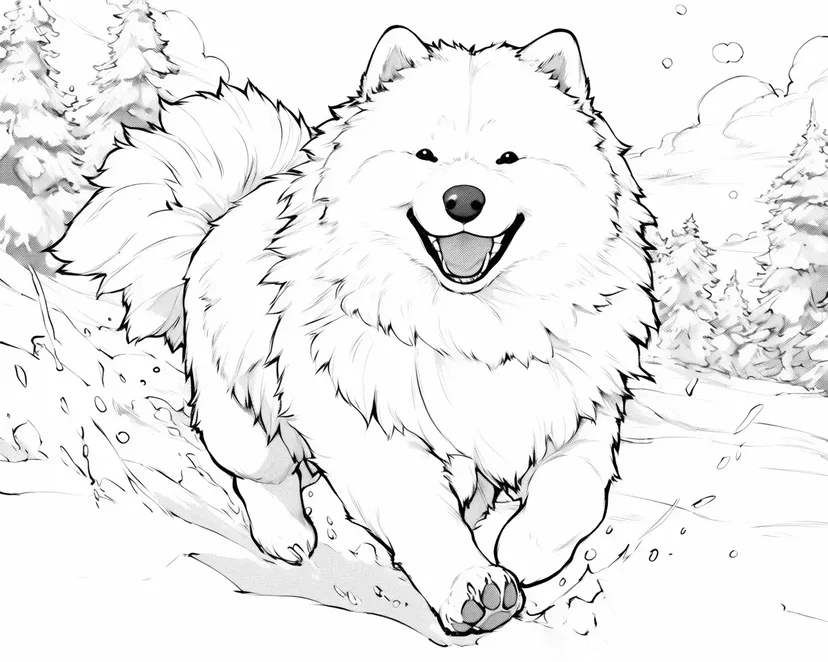 雪の中のサモエドの塗り絵
