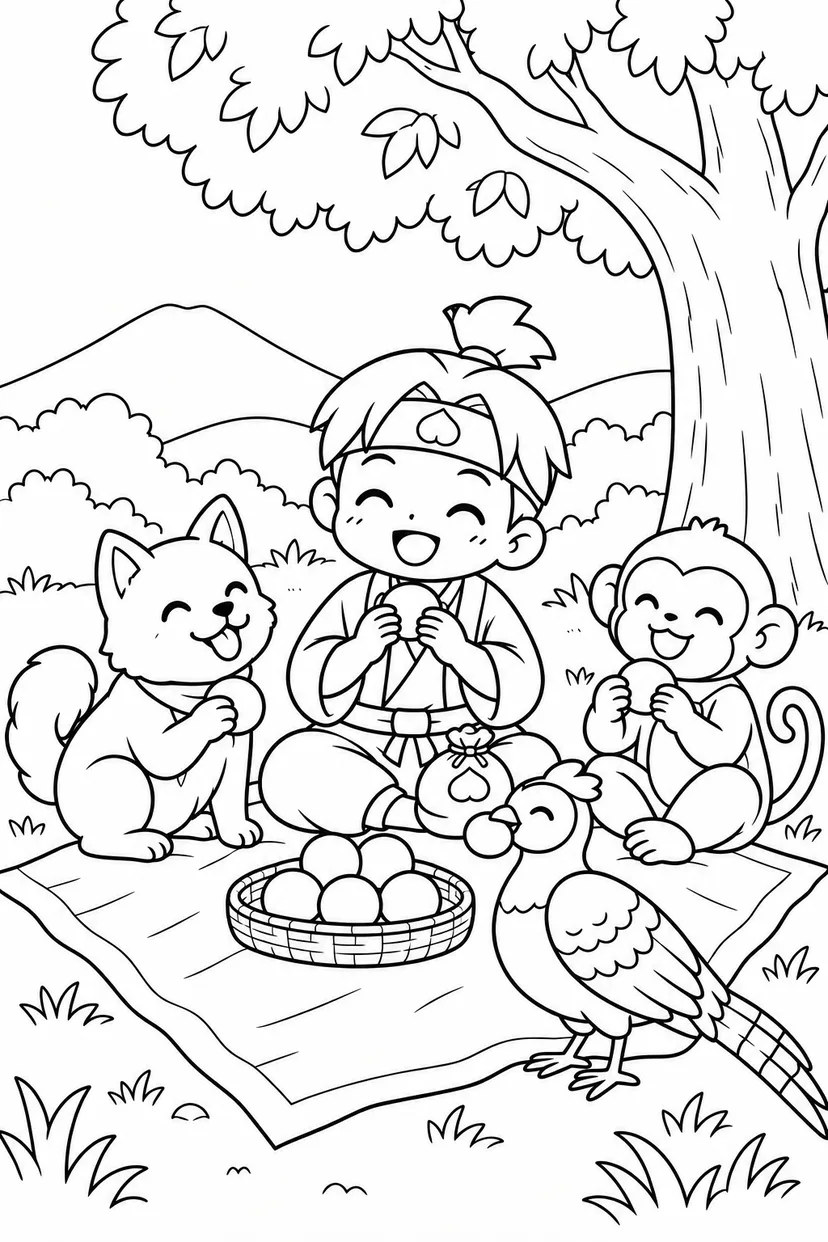 ほっこり桃太郎：桃太郎一行のお弁当休憩の塗り絵