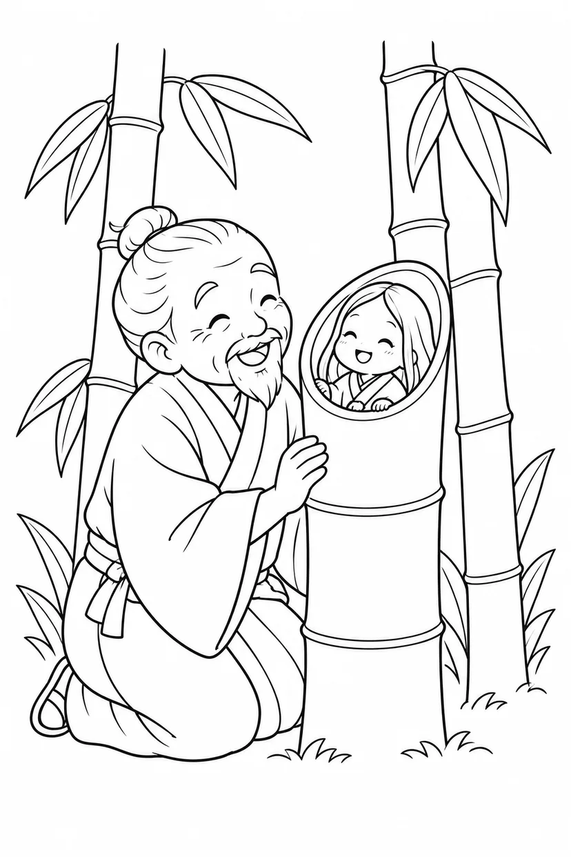 竹のゆりかごでにっこりかぐや姫の塗り絵