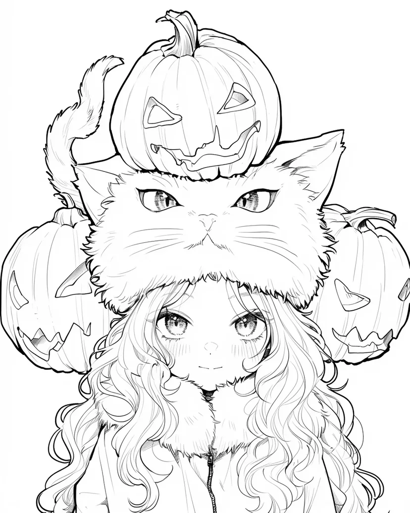 かぼちゃと猫の帽子の少女の塗り絵