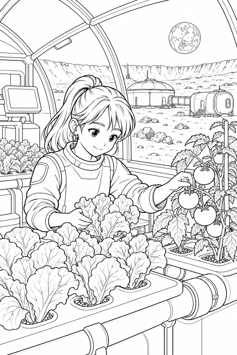 月のクレーター基地：野菜を育てる温室の塗り絵