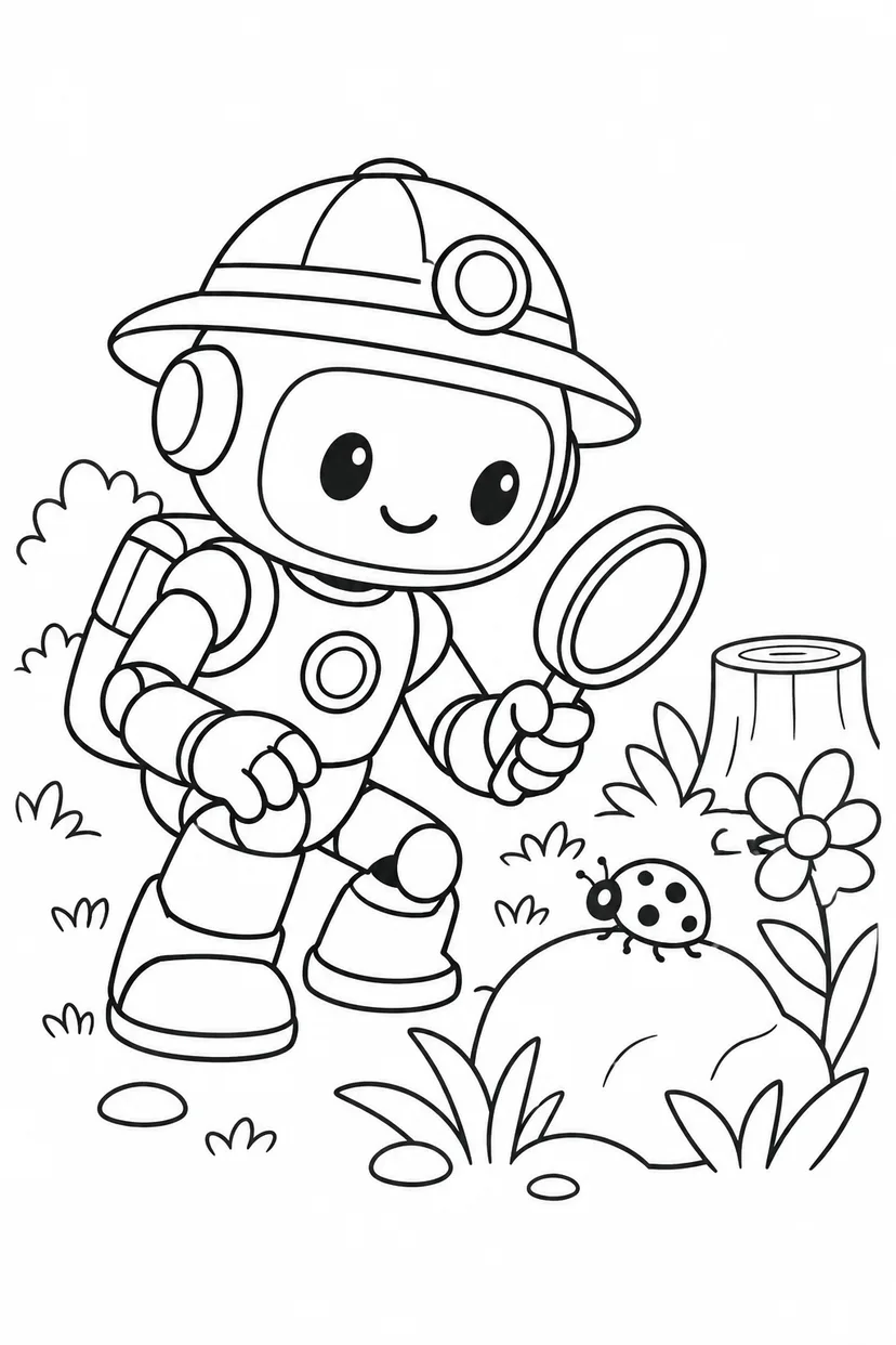探検ロボットと虫めがねの塗り絵