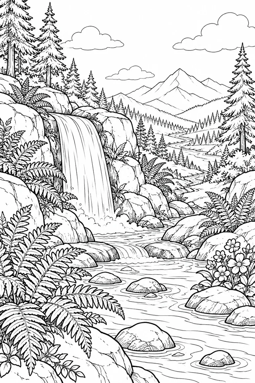 自然のひとこま：シダに囲まれた小さな滝の塗り絵