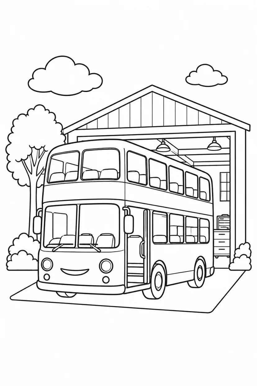 二階建てバスと車庫の塗り絵