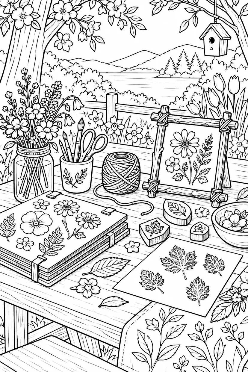 春の自然素材の工作机の塗り絵