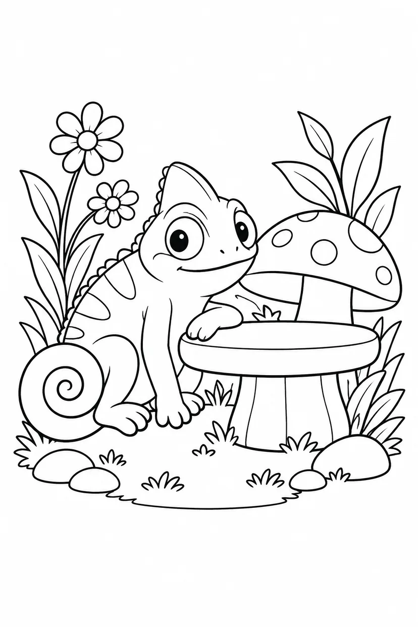 カメレオンときのこのベンチの塗り絵