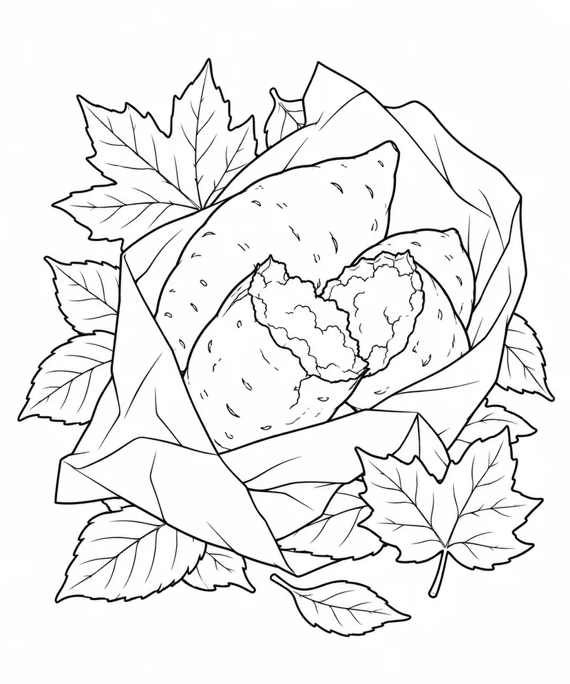 落ち葉と焼き芋の包みの塗り絵