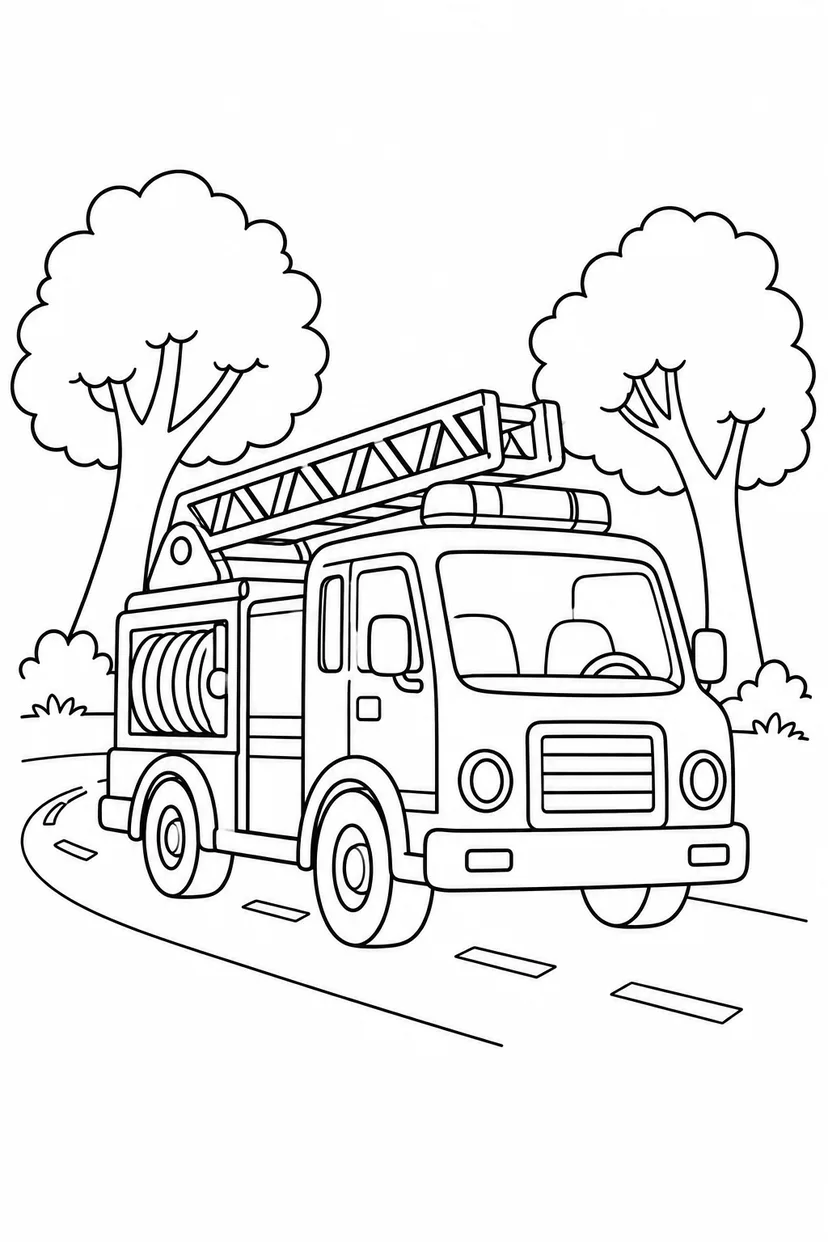 消防車と森の道の塗り絵