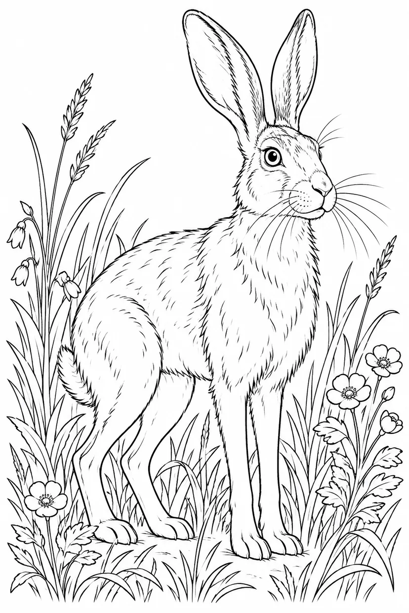 春草の中にたたずむ野うさぎの塗り絵