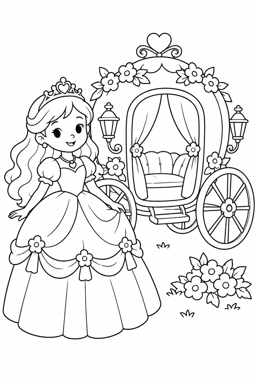 お姫さまと花の馬車の塗り絵