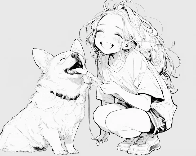 笑容满面的女孩和狗涂色页