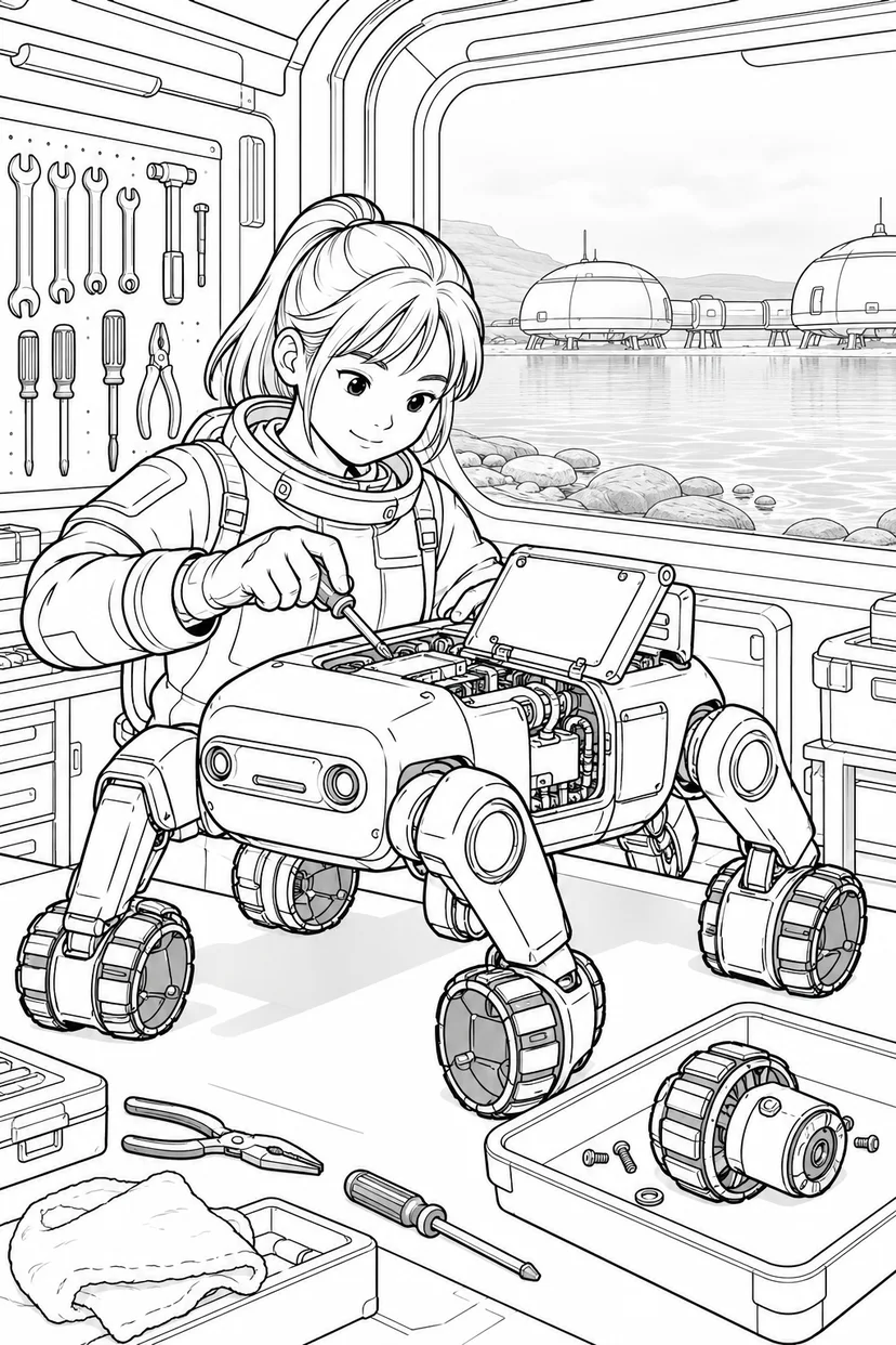 タイタンの湖畔基地：ロボットの整備工房の塗り絵
