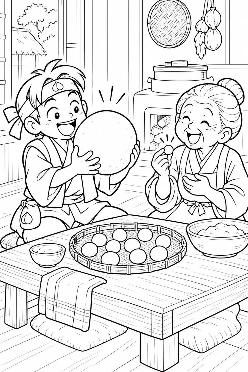 ギャグ桃太郎：おばあさんときびだんご作りの塗り絵