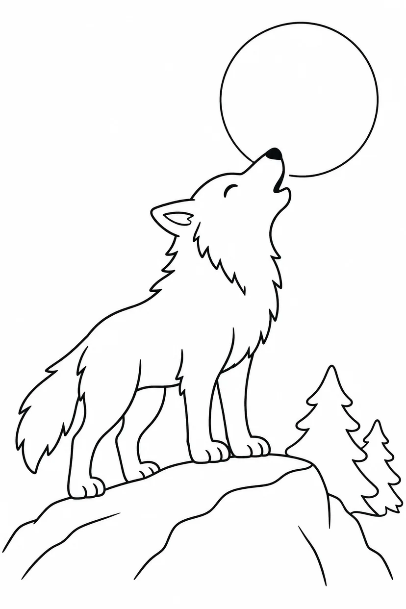 オオカミと丸い月の塗り絵