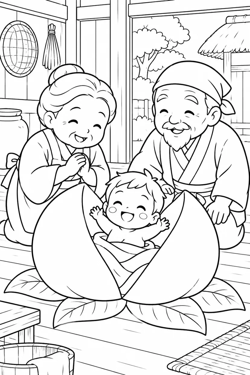 ほっこり桃太郎：桃から生まれた赤ちゃんの塗り絵
