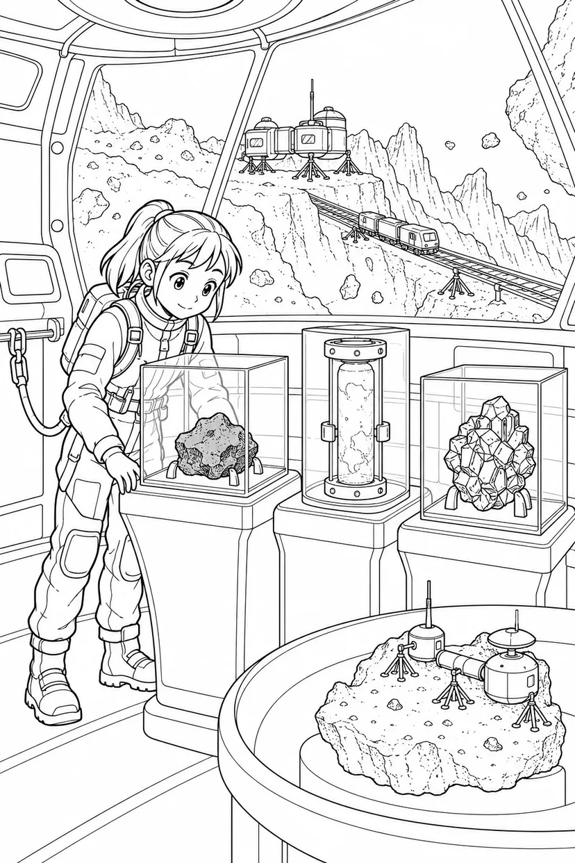 小惑星の岩山基地：探査標本の展示室の塗り絵