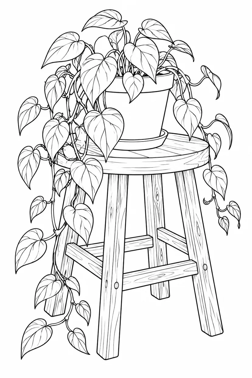 観察スケッチ：木のスツールとつる植物の塗り絵
