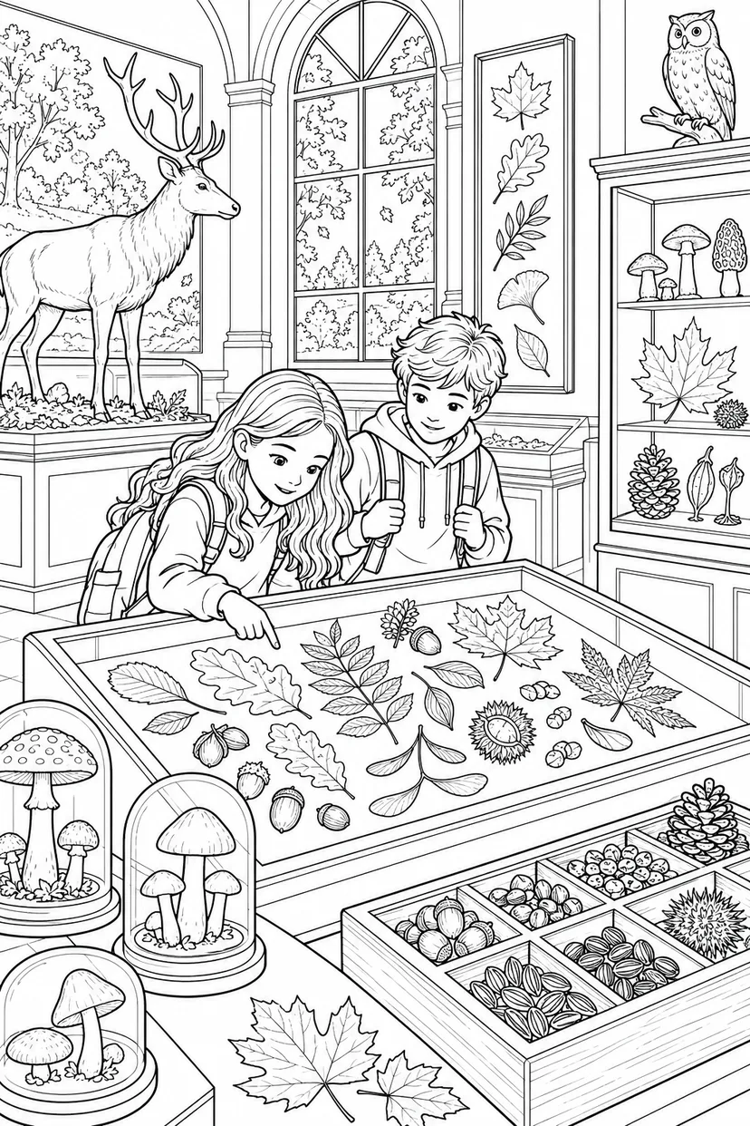 秋の自然博物館の展示室の塗り絵