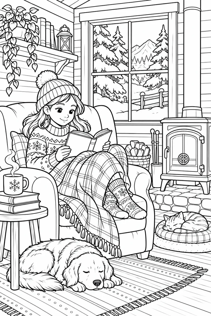 冬の森の読書小屋の塗り絵
