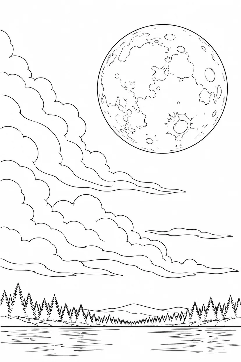 Dibujo de Nubes finas alrededor de la luna para colorear