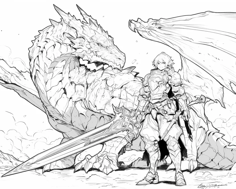ドラゴンと騎士の冒険の塗り絵