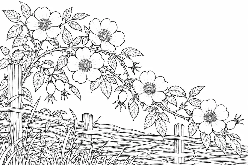 垣根からこぼれる野バラの塗り絵