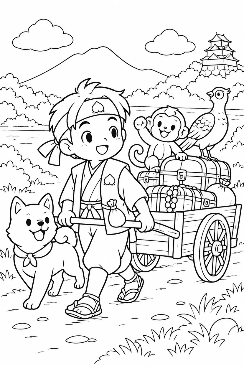 ほっこり桃太郎：桃太郎一行と宝の荷車の塗り絵