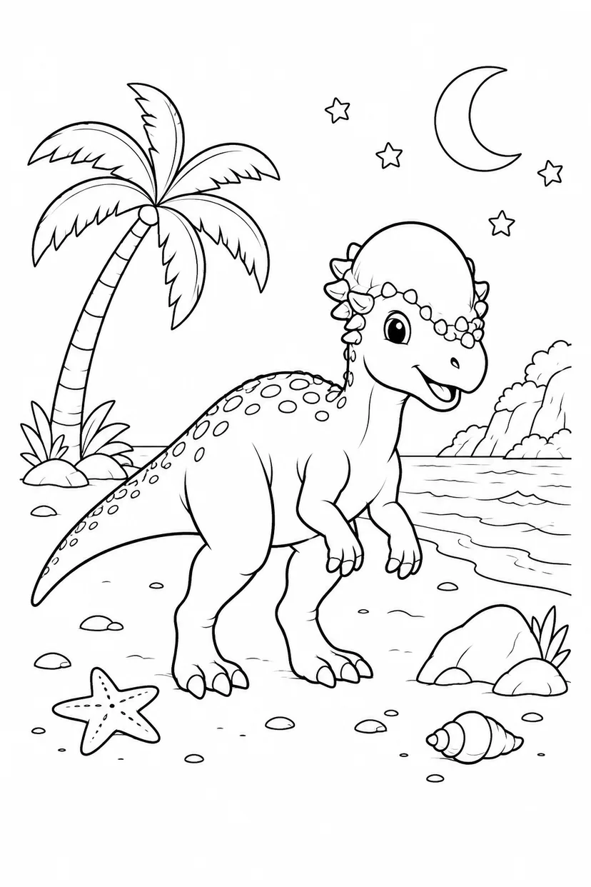 パキケファロサウルスと月の砂浜の塗り絵